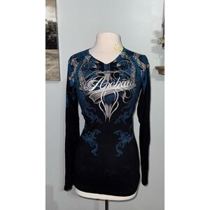 Archaic flourish black sword banner wings long‎ sleeve women's shirt large